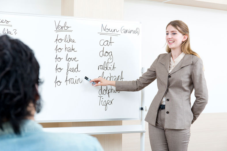 esl teacher showing phrases on white board